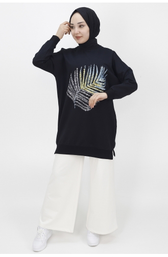 İki İplik Kumaş Pul Detayli Sweat Tunik 23010-04 Siyah
