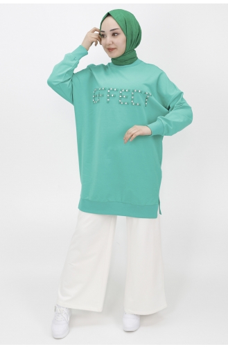 İki İplik Kumaş Taş Detayli Tunik Sweat 10208-01 Yeşil