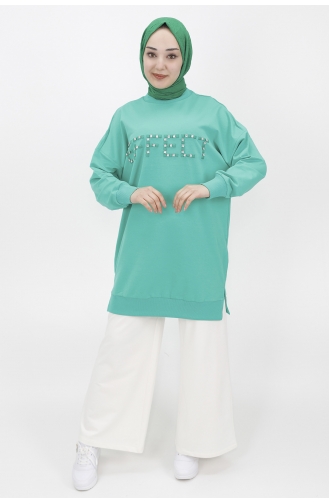 İki İplik Kumaş Taş Detayli Tunik Sweat 10208-01 Yeşil