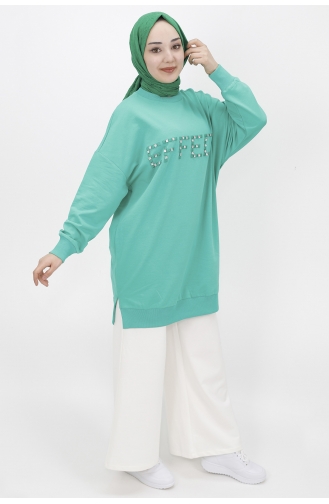 İki İplik Kumaş Taş Detayli Tunik Sweat 10208-01 Yeşil