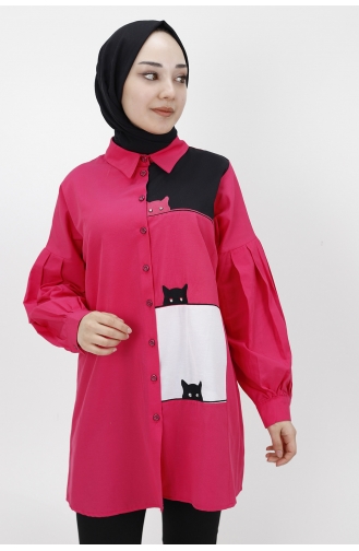 Kedi Desenli Poplin Kumaş Tunik Gömlek 23057-02 Fuşya