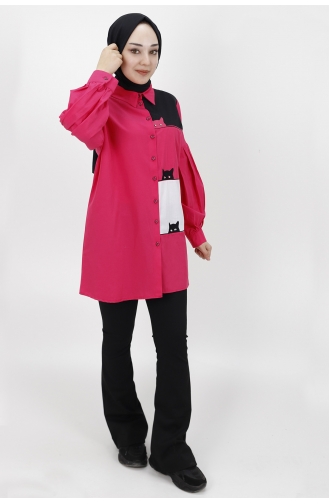 Kedi Desenli Poplin Kumaş Tunik Gömlek 23057-02 Fuşya