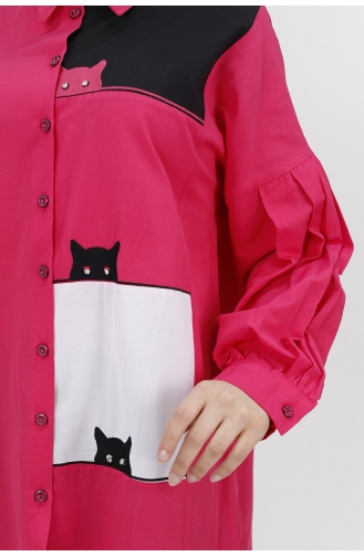 Kedi Desenli Poplin Kumaş Tunik Gömlek 23057-02 Fuşya