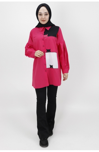 Kedi Desenli Poplin Kumaş Tunik Gömlek 23057-02 Fuşya
