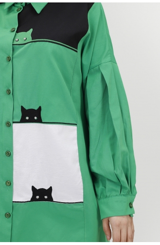 Kedi Desenli Poplin Kumaş Tunik Gömlek 23057-04 Yeşil