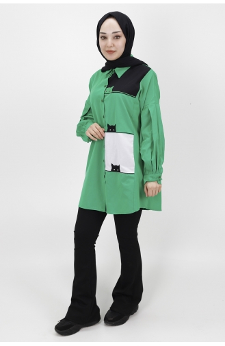 Kedi Desenli Poplin Kumaş Tunik Gömlek 23057-04 Yeşil