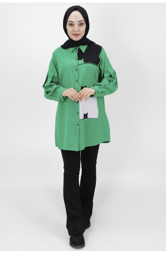 Kedi Desenli Poplin Kumaş Tunik Gömlek 23057-04 Yeşil