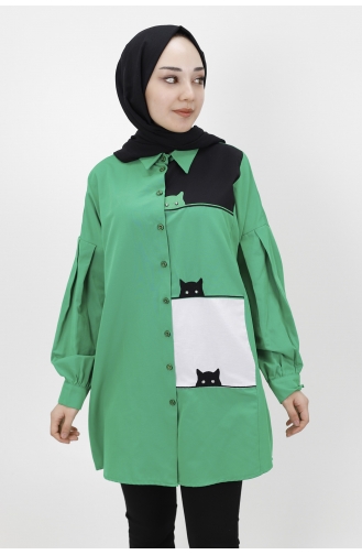 Kedi Desenli Poplin Kumaş Tunik Gömlek 23057-04 Yeşil