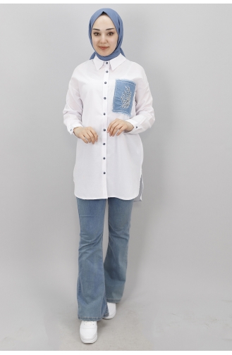 Kot Cep Detayli Poplin Kumaş Tunik Gömlek 23071-01 Beyaz