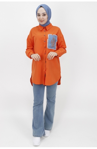 Kot Cep Detayli Poplin Kumaş Tunik Gömlek 23071-02 Oranj