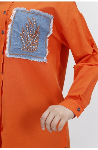 Kot Cep Detayli Poplin Kumaş Tunik Gömlek 23071-02 Oranj