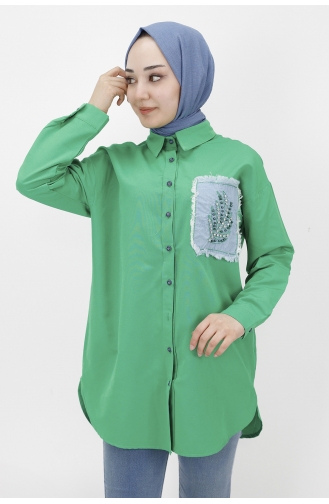 Kot Cep Detayli Poplin Kumaş Tunik Gömlek 23071-03 Yeşil