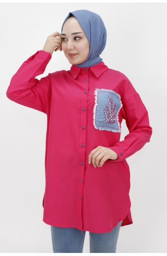 Kot Cep Detayli Poplin Kumaş Tunik Gömlek 23071-04 Fuşya