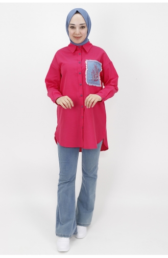 Kot Cep Detayli Poplin Kumaş Tunik Gömlek 23071-04 Fuşya