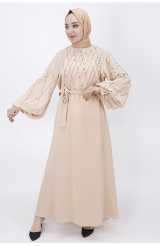 Beige Hijab Evening Dress 2041-02