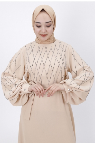 Beige Hijab Evening Dress 2041-02