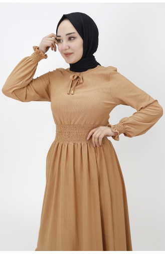 Bürümcük Kumaş Beli Lastikli Elbise 3068-02 Taba