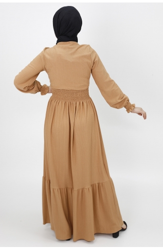 Bürümcük Kumaş Beli Lastikli Elbise 3068-02 Taba
