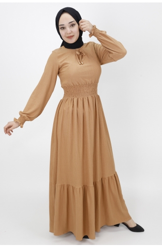 Bürümcük Kumaş Beli Lastikli Elbise 3068-02 Taba