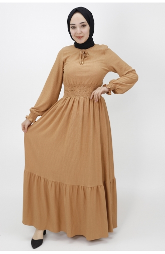 Bürümcük Kumaş Beli Lastikli Elbise 3068-02 Taba