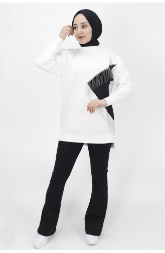 İki İplik Kumaş Zincir Detayli Sweat 23213-02 Ekru