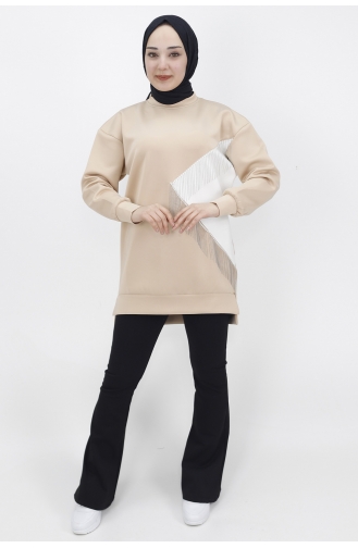İki İplik Kumaş Zincir Detayli Sweat 23213-04 Bej