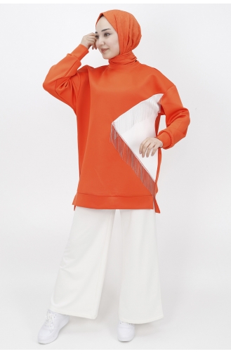 İki İplik Kumaş Zincir Detayli Sweat 23213-05 Oranj