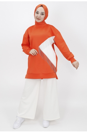 İki İplik Kumaş Zincir Detayli Sweat 23213-05 Oranj