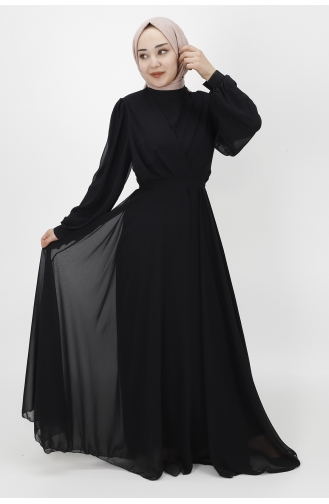 Kruvaze Yaka Şifon Kumaş Abiye 10002-02 Siyah