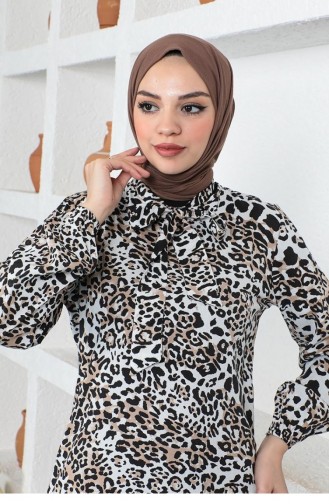 Leopar Desenli Tesettür Elbise Beyaz