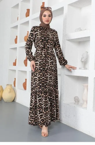 Leopar Desenli Tesettür Elbise Siyah