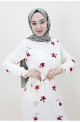 Nakışlı Şifon Elbise 3038-04 Ekru