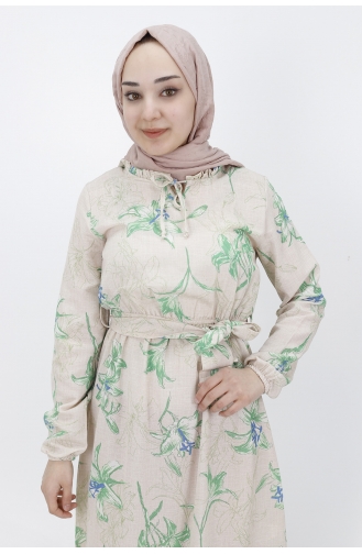 Yakası Fırfırlı Keten Elbise 3029-01 Yeşil