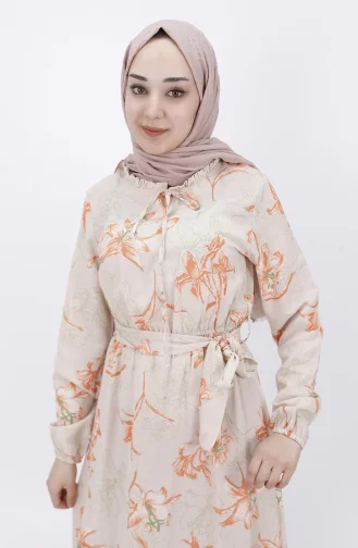 Yakası Fırfırlı Keten Elbise 3029-03 Oranj