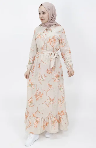 Yakası Fırfırlı Keten Elbise 3029-03 Oranj
