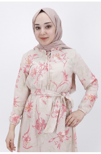 Yakası Fırfırlı Keten Elbise 3029-04 Fuşya