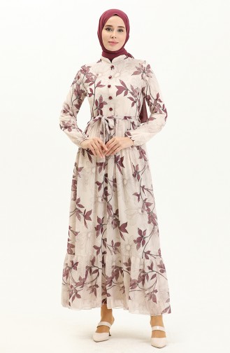 Printed Belted Chiffon Dress 81815-01 Cream Purple 81815-01