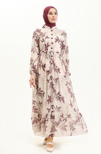 Printed Belted Chiffon Dress 81815-01 Cream Purple 81815-01
