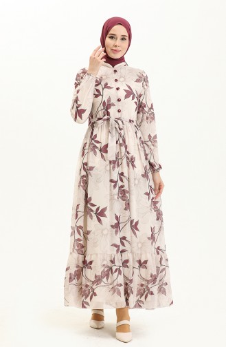 Printed Belted Chiffon Dress 81815-01 Cream Purple 81815-01