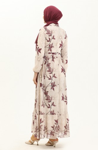 Printed Belted Chiffon Dress 81815-01 Cream Purple 81815-01