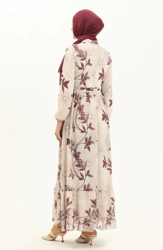 Gemustertes Chiffonkleid mit Gürtel 81815-01 Creme Lila 81815-01