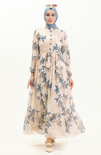 Printed Belted Chiffon Dress 81815-02 Cream Indigo 81815-02