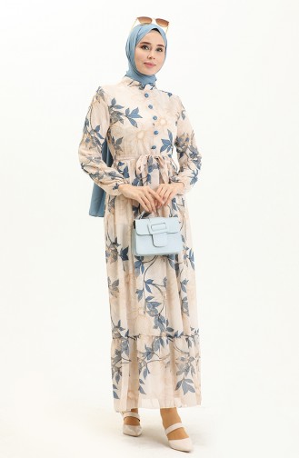 Printed Belted Chiffon Dress 81815-02 Cream Indigo 81815-02