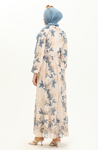 Printed Belted Chiffon Dress 81815-02 Cream Indigo 81815-02