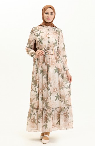 Printed Belted Chiffon Dress 81815-03 Cream Khaki 81815-03