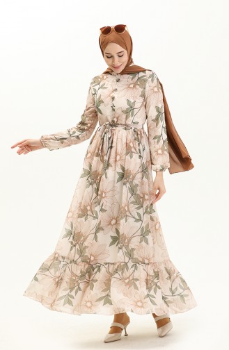 Printed Belted Chiffon Dress 81815-03 Cream Khaki 81815-03