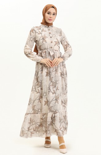 Printed Belted Chiffon Dress 81815-04 Cream Mink 81815-04