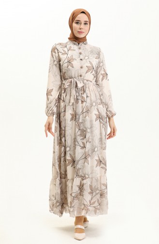 Printed Belted Chiffon Dress 81815-04 Cream Mink 81815-04