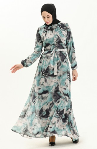 Desenli Şifon Elbise 81821-01 Siyah Mint Yeşili