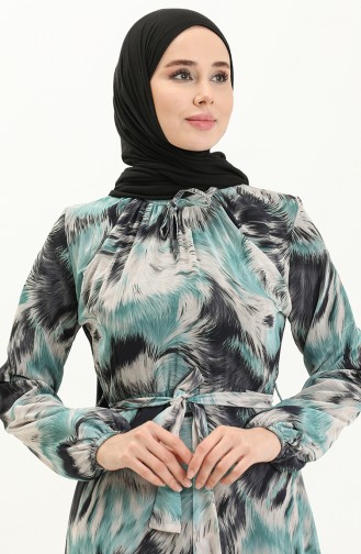 Desenli Şifon Elbise 81821-01 Siyah Mint Yeşili
